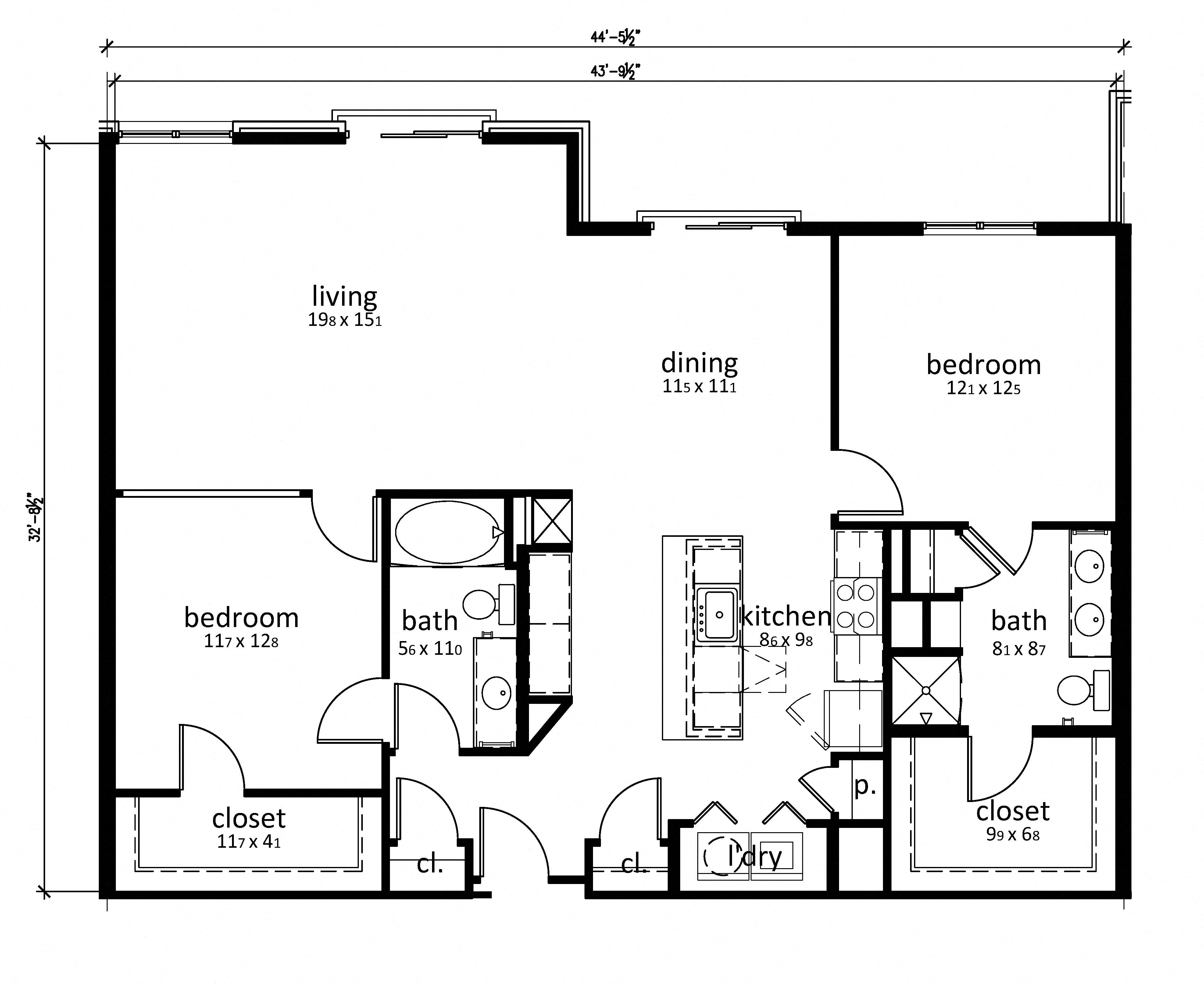 Floor plan for 2 beds, 2 baths, 1389 sqft